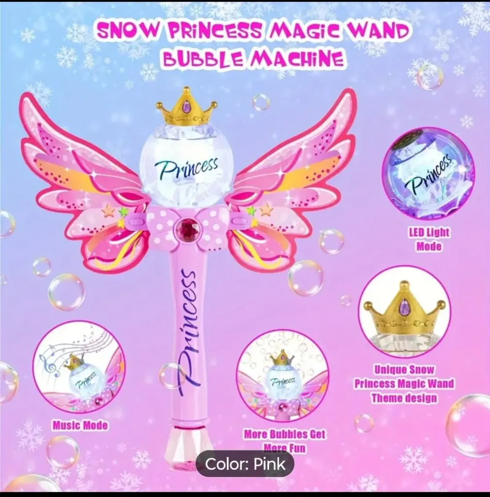 Princess Light-Up Bubble Wand – Fairy Wings Magic Stick Toy (Pink)
