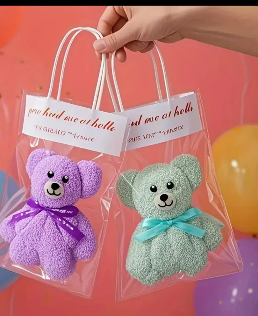 Cute Teddy Towel with Transparent Gift Bag – Soft Bear Shape Hand Towel (1 Pc)