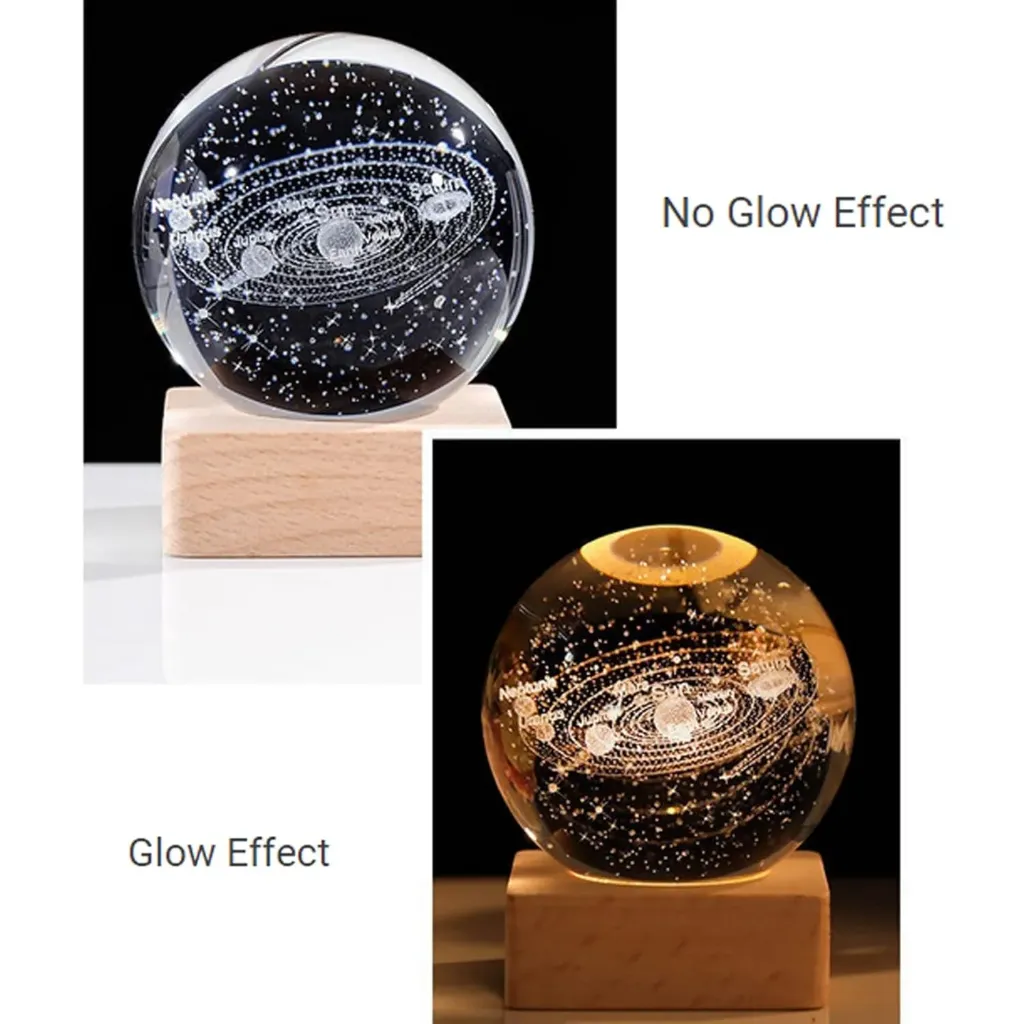 3D Galaxy Crystal Ball Lamp – Solar System Laser-Engraved with Wooden LED Base